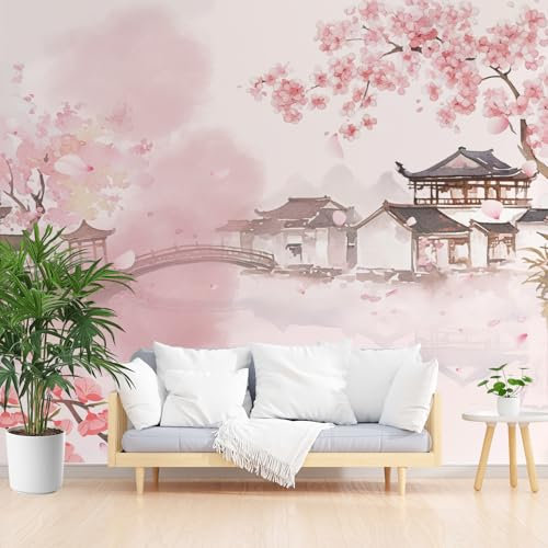 YGcegcia Papier Peint Fleurs de Cerisier Japonais, Papier Peint Panoramique Aquarelle Paysage Naturel, Tapisserie Intissé Écologique, Décoration Murale, Pour Salon Chambre Bureau, 350x256cm