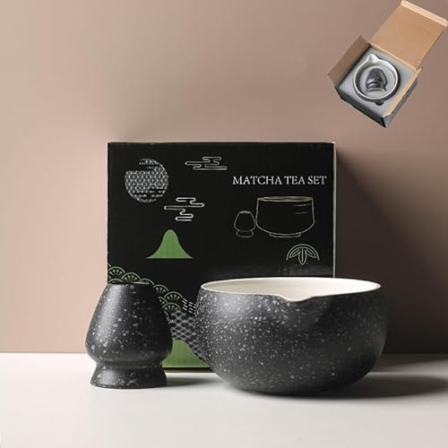 2 Pcs Matcha Set, Japanische Matcha-Schale aus Keramik Mit Besenhalter, Matcha-Teeschale, Chasen-Halter (Schwarz)