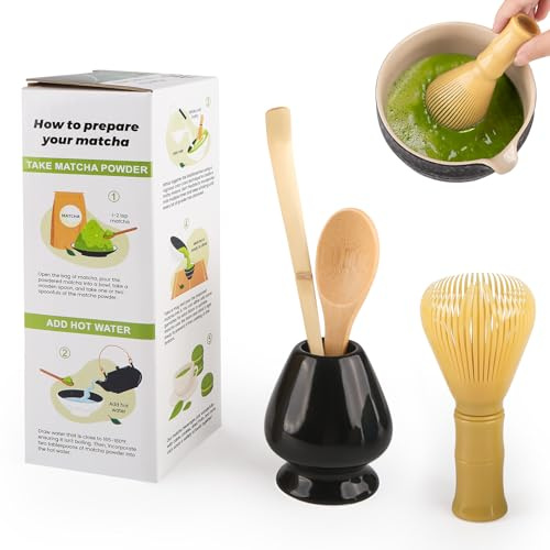4 Piece Matcha Japanese Ceremony Set, Resin Matcha Whisk, Bamboo Spoon, Bamboo Scoop, Whisk Stand, Perfect Set for Preparing, Yellow-Black