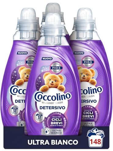 Coccolino Wonder Wash, Detersivo Lavatrice Liquido, Ultra Bianco, Efficace nei Cicli Brevi da 15 Minuti, Anche a Freddo, Azione Anti-ingrigimento, Pulizia Profonda, 37 Lavaggi, 4x 1480 ml
