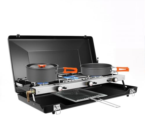 Réchaud de camping à 3 brûleurs 4,5 kW - Réchaud à gaz pliable avec allumage piézo - Réchaud à gaz portable pour bouteille de gaz - Kit de camping pour le jardin et les voyages