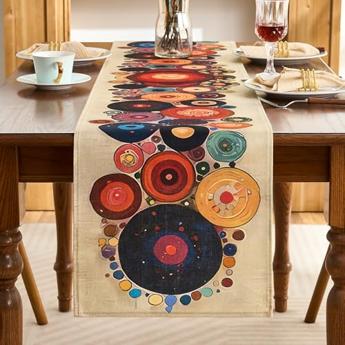 Tischläufer Bunt Boho Vintage 33x183cm, Tischband Modern Verarbeiteter mit Polka-Dots-Muster, Tischdecke Deko Landhausstil Baumwoll-Leinen-Stoff Abwaschbar, Tisch Läufer für Esszimmer Tischdeko