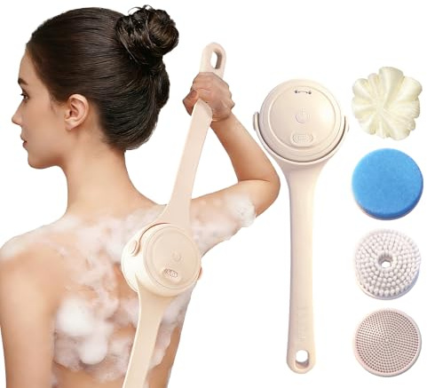 Elektrische Rückenbürste, Duschbürste mit langer Griff, Körperbürste | Kabellos aufladbar, 4 Bürstenköpfe mit unterschiedlichen Funktionen, geeignet für Senioren, für Spa Dusche Peeling Massage