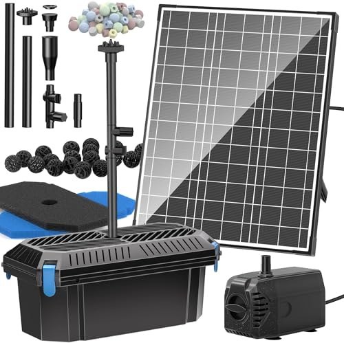 Billing 20W 875l/h Teichfilter Solar Teichpumpe für Außen Teiche bis 1600L | 4 Düsen Solar Springbrunnen für Außen Gartenteich Fischteich Wasserspiel Fröschen Zierfischteiche, 5m Kabel, Durchflussregler