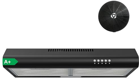 FIREGAS 60cm Black Cooker Hood, Brushless Motor, 250m³/h, A+, LED | 3 Speeds, Push Button, Ducted/Recirculation, Quiet, Kitchen Fan