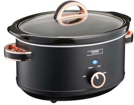 Cooks Professional Slow Cooker 3.5 Litre with Glass Lid, Cool Touch Handles, Dishwasher Safe Bowl, 2 Heat Settings & Keep Warm Function | Small One Pot Cooking Machine | Black & Rose Gold