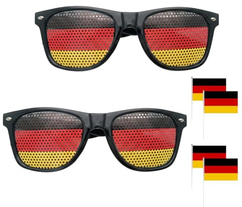 RzuoQnt 6 Stück Deutschland Fanartikel Set - 2 Stück Rasterbrillen Schwarz Rot Gold + 4 Stück Deutschland Fahnen, EM Zubehör für Fußball Public Viewing Outfit
