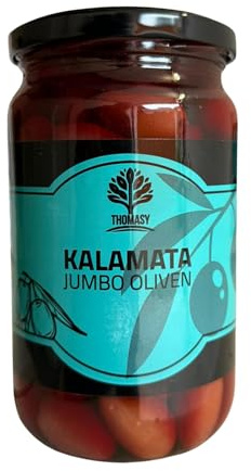 Kalamata Jumbo Oliven – ganze Kalamata-Oliven in Salzlake, Glas 750 g, aromatisch & fleischig, ideal für Antipasti, Salate & mediterrane Küche