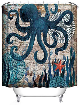 JMAHM Duschvorhang Wasserdicht Schimmelabweisend Polyester mit Zubehör (180x180, Colorful-Octopus)