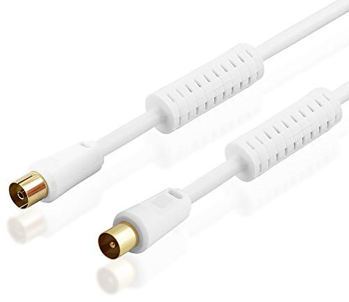 2,5m Antennen-Kabel 75Ohm mit Mantelstromfilter, Koax Stecker männlich auf Koax Buchse Kupplung weiblich vergoldet, geeignet für 3D SD HD FullHD UHD 4K, Weiss