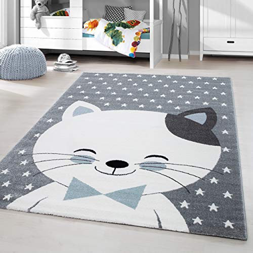 HomebyHome Kinderteppich Blau 120 cm Rund Katzenmuster Kleiner Jungen Teppich Kinderzimmer Kurzflor Teppich Extra Weich Antiallergen Babyzimmer Teppich