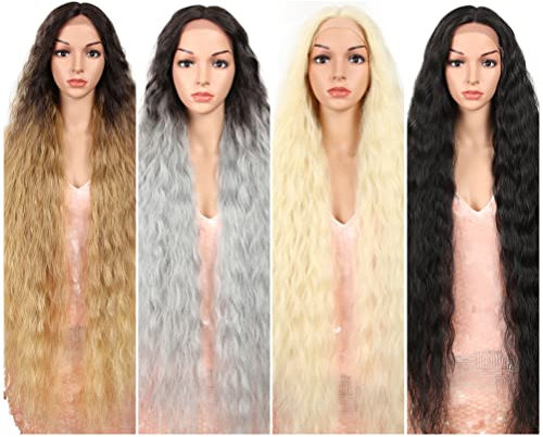 Style Icon Perücke Lace Front Wigs 41 Inches Super Long Curly Wavy Wigs Black Synthetic Wig 6 inches Deeper Middle Part Wig with Baby Hair 150% Density (41 Inch, 1B)