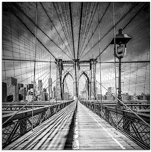 ARTland Glasbilder Wandbild Glas Bild einteilig 50x50 cm Quadratisch New York Manhattan Skyline Architektur Brücke Brooklyn Bridge Monochrom Amerika USA S8VX