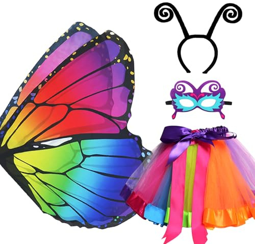 D.Q.Z Fairy Butterfly-Wings Costumes for Girls Dress Up Clothes Rainbow Tutu Mask Headband Role Play Toys for Girl 3-8 Gift (Rainbow)