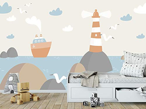 Oedim Wandsticker Foto | Zeichnung Meer, Leuchtturm und Boot Kinderzimmer | 350 x 250 cm | Selbstklebender Vinyl-Aufkleber |