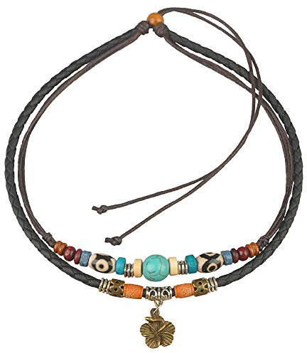 Ancient Tribe Halskette, verstellbar, einzigartig, aus schwarzem Hanf, türkisfarbene Perle, Leder, Perlen, Türkis, Leder, Perle, Perlen, Türkis