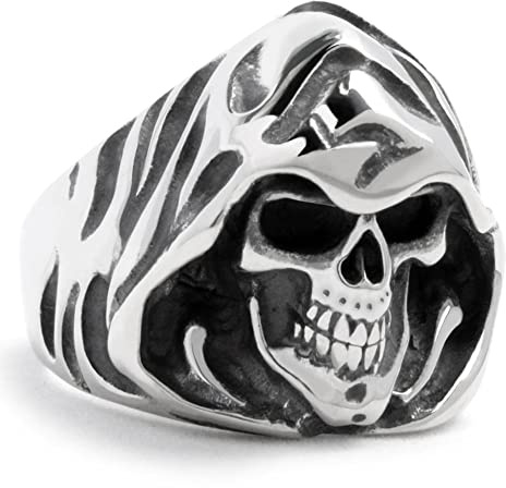 Schmuck-Checker Sensenmann-Ring aus 316L Edelstahl silber poliert Biker Samcro Ghost Rider Reaper Horror Herren Schmuck Geschenk (58 (18,4 mm Ø))