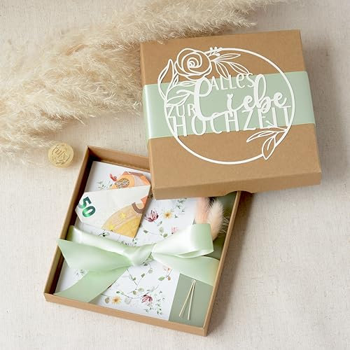Hochzeitsgeschenk - Feinverarbeitete Geschenk-box mit Karte u. Trockenblumen - Originelle Geldgeschenke/Kleinigkeiten Verpackung für Brautpaar