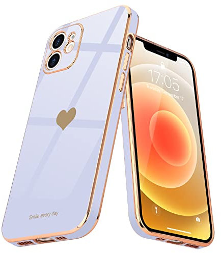 Teageo for iPhone 12 Case Cute Heart Pattern for Women Girls Slim Luxury Bling Plating Soft TPU Anti-Scratch Shockproof Bumper Phone Case for iPhone 12, Purple