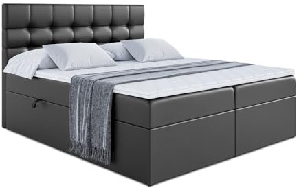 ALTDECOR Boxspringbett mit Multipocket-Matratze H4 (20 cm hoch) mit Kokosmatte, Kunstlederbett, Topper (4 cm hoch), Polsterbett mit Kopfteil und Bettkasten 140x200 Schwarz Kunstleder