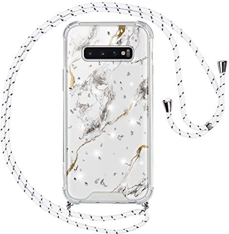 Vauki Handykette für Samsung Galaxy S10 Hülle mit Band,Silikon Durchsichtig Marmor Glitzer Motiv Transparent Stoßfest Bumper mit Kette Kordel zum Umhängen Handyhülle für Samsung S10,Weiß
