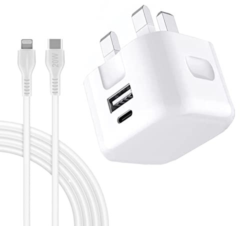 For iPhone 14 Pro Max / 13/12 Mini / 11 / XR/XS / 8/7 / SE Fast Charger 20W Plug with USB-A/C Dual Ports and USB-C Super-Fast Charging Cable for Apple Power Adapter (WHITE)
