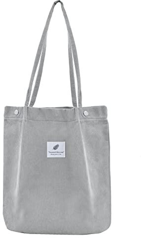 Damen Große Handtasche Kord Shopper Cord Tote Bag für Bücher Reisen Alltag Schule Arbeit Einkaufstasche für Mädchen 40x41cm hell grau