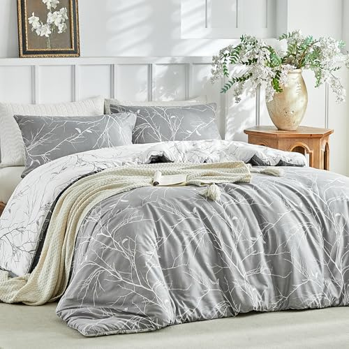 Lekesky Reversible Duvet Cover Queen Size, Grey White Branch Comforter Cover Queen 3pcs Microfiber Botanical Bedding Set with Zipper Closure Corner Ties