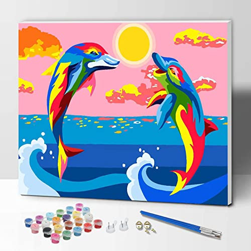 ifymei Paint by Numbers for Kids and Adults Beginner, DIY Gift Canvas Painting Kits with Frame, 12x16 Inch Colorful Dolphin