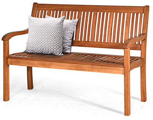 RELAX4LIFE Patio Garden Bench, Eucalyptus Wood Park Chair Seat with Curved Armrests & Backrest, 2-Person Loveseat Leisure Bench for Yard, Garden, Porch