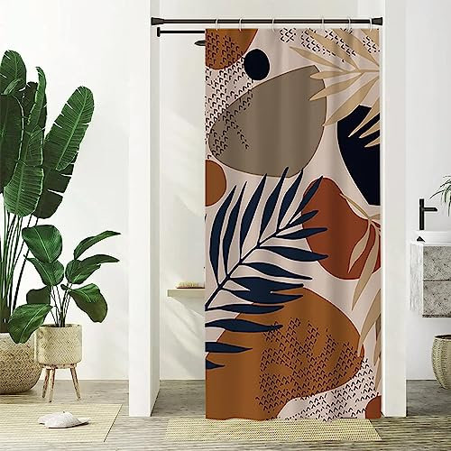 Rideau Douche 90x180cm, Uiiooazy Rideau de Douche Étroit Anti Moisissure Gris Abstrait Feuille Bleu Petit Rideaux de Baignoire Tissu Lavable Imperméable Polyester Rideaux Salle de Bain avec 6 Crochets