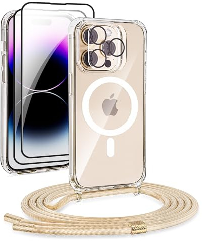 DiDaDi Handyhülle für iPhone 15 Pro Max Hülle mit Band & Magnet - Transparente Handykette, Abnehmbar mit 2X Panzerglas + Kameraschutz | Profi-Schutz Display & Kamera | Magnetisch Kompatibel (Gold)