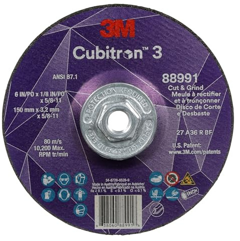 3M Cubitron 3 Schneid- und Schleifscheibe, 88991, 36+, T27, 15,2 x 1/8 x 5/8-Zoll-11, 10 Stück, ANSI, längere Lebensdauer, schnelleres Schneiden, Hintergouging, Kehlschweißentfernung, Schneiden,
