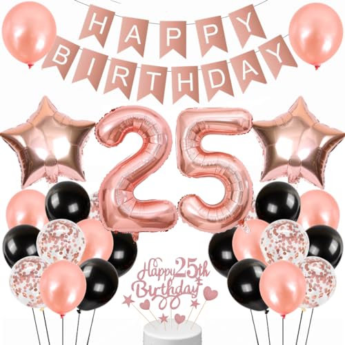Conruich Geburtstagsdeko 25 Jahre - Luftballon, Rosegold Tortendeko, Happy Birthday Banner für Frauen und Männer Party Dekoration