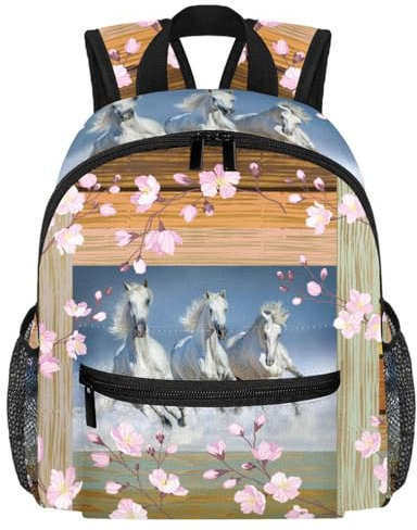 FVQL Kindergarten-Rucksack, Holzbrett mit Blume und Pferd, Color2714, 10x4x12in/25.4x10x30cm