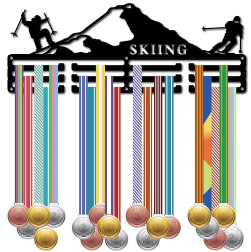 CREATCABIN Porte-Médailles Ski Présentoir Porte-Médailles Organisateur Sport Métal Suspension Murale en Fer Porte-Médailles Décoratif avec 12 Crochets pour Les Médaillés Course Marathon Noir 40x15cm