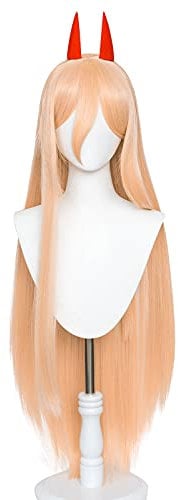 Meguru Power Orange Long Straight Cosplay Wig Anime Chainsaw Man Horns Heat Resistant Fiber Synthetic Women's Costume Hair with Cap Wig for Party Halloween