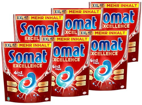 Somat Excellence 4in1 Caps, 282 Caps (6x 47 Caps), schnellauflösende Spülmaschinentabs, Somat Caps für exzellente Reinigung & Glanz sogar im Eco-Programm & bei niedrigen Temperaturen