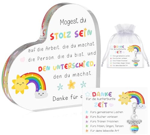Sinmoe 4 Teiliges Set Kindergarten Abschiedsgeschenk für Lehrerin Herz Acryl Tischdeko mit Schutzengel Schlüsselanhänger Dankeskarte und Organzasäckchen Briefbeschwerer Geschenk für Erzieherin