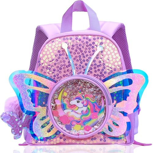 LSSAGOON Einhorn Schmetterling Flügel Rucksack Mädchen, Pailletten Lederrucksack Schule für Kindergarten, Vorschule, Grundschule, Nniedlich Cartoon Kinderrucksäcke,Geschenke für Xmas Geburtstag