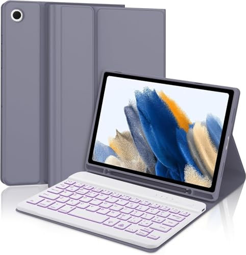 AVNICUD Hülle mit Tastatur für Samsung Galaxy Tab A8 10.5 mit Beleuchtete, SM-X200/ X205/ X207, Magnetische Abnehmbare Bluetooth QWERTZ Layout, Lila