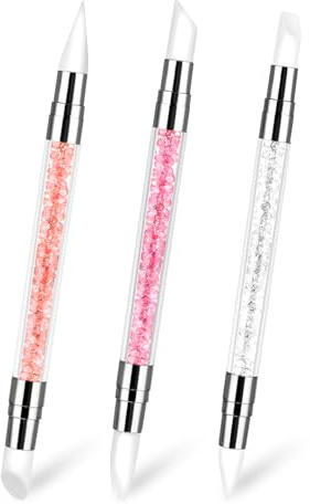 Set di 3 penne per nail art, strumenti per nail art a doppia punta, in silicone, con manico in acrilico, con strass, strumenti per nail art e saloni di casa (bianco, rosa, arancione)