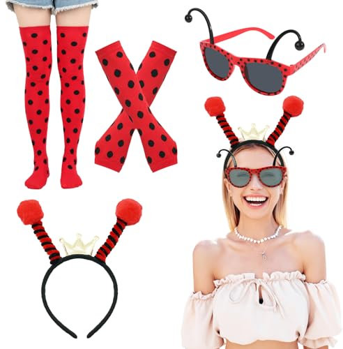 NebulaGlam 4 Stück Marienkäfer Kostüm Accessoires Damen Erwachsen, Marienkäfer Haarreif Marienkäfer Brille Marienkäfer Fingerlose Handschuhe Lady Bug Socken Fasching Karneval