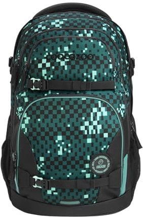 coocazoo Schulrucksack Porter „Pixel Blox”, schwarz-grün, ergonomischer & anpassbarer Tornister, höhen- & größenverstellbar, mit Brustgurt & Hüftgurt, ab der 3. Klasse