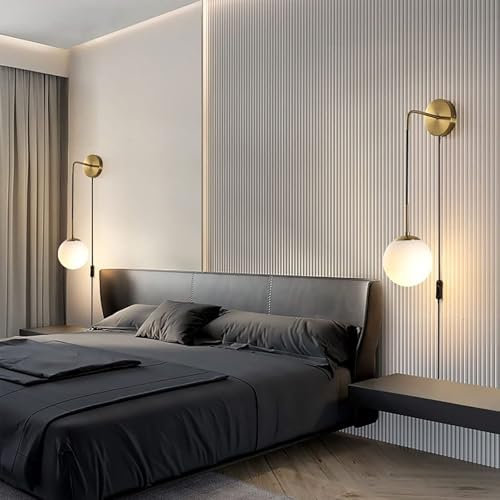 Lampade da Parete e Applique Set di 2 luci da attaccare con Cavo, Applique a Globo in Vetro sospese con Filo per Camera da Letto, Soggiorno (Oro-Due Pezzi)