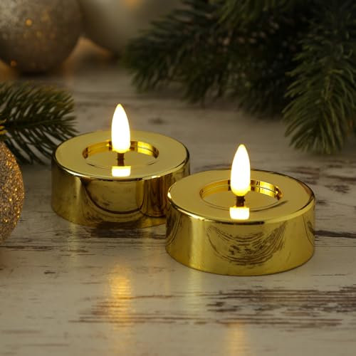 MARELIDA LED Maxi Teelichter gold glänzend festliche Kunststoff Jumbo Teelichter Set mit Timer flackernd Batterieberieben für Innenbereich (2 Teelichter groß)