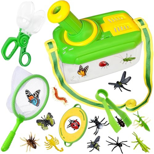 Kulveanju Kit Explorador Niños 17 en 1, Kit Caza Insectos, con Caja Insectos, Lupa, Red de Mariposas, Pinzas, 12 Insectos Juguete, Juegos Aire Libre, Cumpleaños para 3 4 5 6 Años