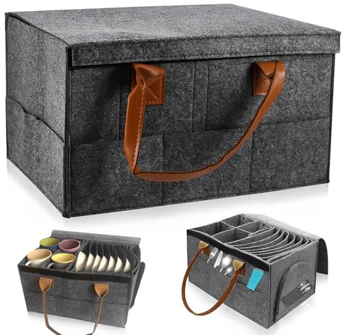 Miawtro Caravan Plate Holder, Felt Cloth Mug Storage with Hand Straps and Removable Dividers, Large Capacity Motorhome Storage with 8 Side Pockets, Motorhome Storages Kitchen, Wardrobe, RV, Picnic