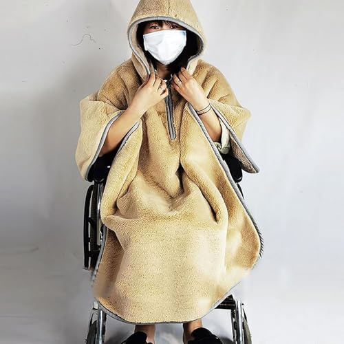 Rollstuhl Decke, Winter Warme Decke für den ganzen Körper, Rollstuhl Mantel Winddichtes Rollstuhl Cape mit Kapuze, Fleece, Gefüttert für Männer und Frauen Kaltes Wetter(Beige)