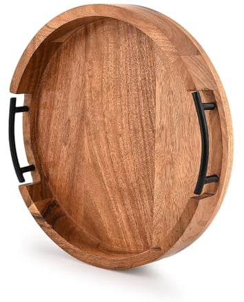 Indus Lifespace Acacia Wood Tray Round Rustic Farmhouse Wooden Platter for Coffee Table, Ottoman, Drinks, Breakfast with 2 Black Iron Handles (12 X 12 X 1.6)